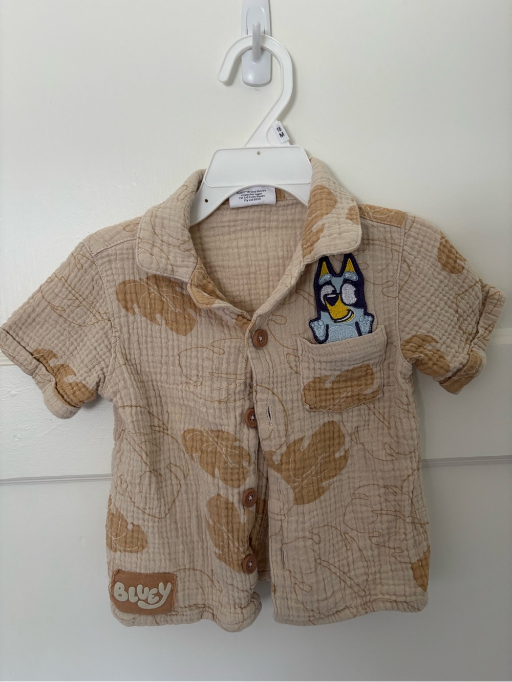 Beige Short-Sleeve Button Down Shirt with Cartoon Patch